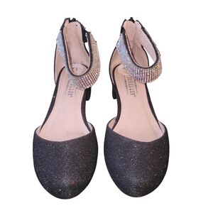 Seychelles Black Glitter Flats with Iridescent Rhinestone Ankle Strap